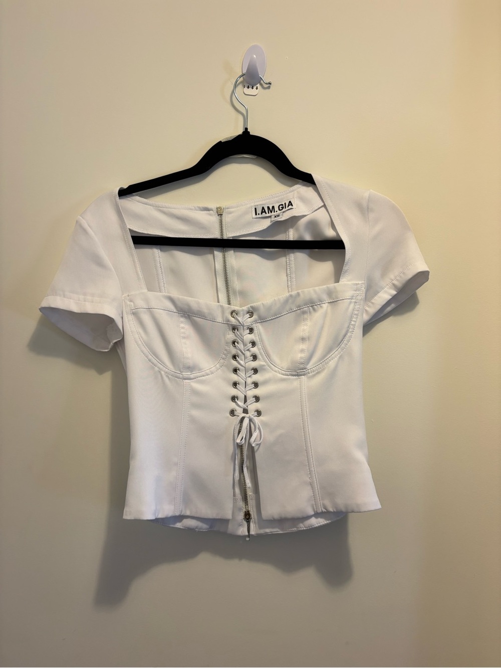 I.AM.GIA White Lace-Up Square Neck Crop Top - Picture 2 of 2